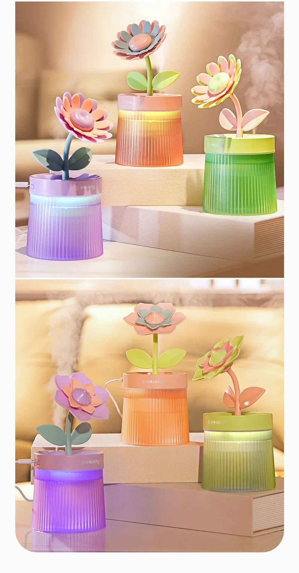 2026 USB Portable Ultrasonic Humidifier - Colorful Cup Aroma Diffuser, Cool Mist Maker, Flower Air Purifier with LED Light